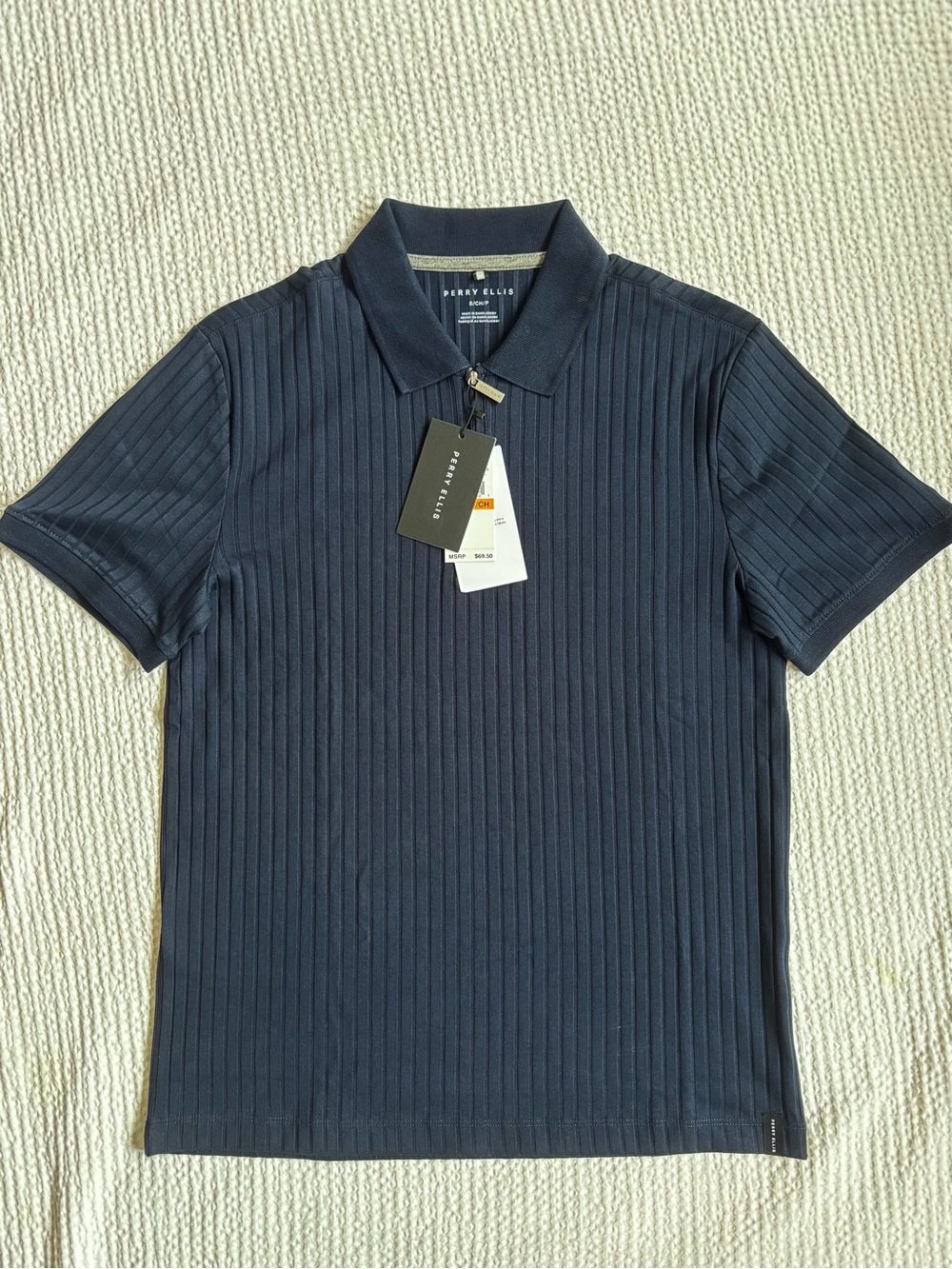 Perry Ellis Navy Rib-Textured Short Sleeve Polo